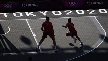 TOKYO, JAPAN - JULY 22: Stefanie Dolson and Kelsey Plum of Team USA practice in 3x3 basketball at Aomi Urban Sports Park ahead of the Tokyo 2020 Olympic Games on July 22, 2021 in Tokyo, Japan. (Photo by Christian Petersen/Getty Images)