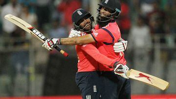 Adil Rashid left, celebrates with Moeen Ali after defeating South Africa. 