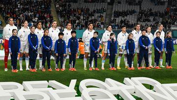 Argentina players stand for their national anthem during the Australia and New Zealand 2023 Women's World Cup Group G football match between Italy and Argentina at Eden Park in Auckland on July 24, 2023. (Photo by Saeed KHAN / AFP)