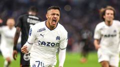 Alexis SANCHEZ of Marseille celebrate his goal during the Ligue 1 Uber Eats match between Olympique de Marseille and Football Club de Lorient at Orange Velodrome on January 14, 2023 in Marseille, France. (Photo by Johnny Fidelin/Icon Sport via Getty Images)