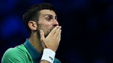 Novak Djokovic celebra su triunfo contra Carlos Alcaraz en las semifinales de las ATP Finals de Turín.