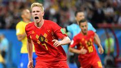 Belgium&#039;s midfielder Kevin De Bruyne celebrates after scoring his team&#039;s second goal during the Russia 2018 World Cup quarter-final football match between Brazil and Belgium at the Kazan Arena in Kazan on July 6, 2018. / AFP PHOTO / EMMANUEL DUN