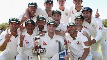 The Australian Team celebrate with Trans Tasman Trophy 