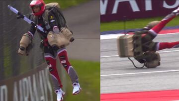 The entertainment ahead of the Austrian Grand Prix took a turn when one of the men wearing a jet pack and flying around the sky fell onto the track.
