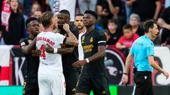 Sevilla's Sergio Ramos, front, argues with Real Madrid's Antonio Rudiger during a Spanish La Liga soccer match between Sevilla and Real Madrid, at the Ramon Sanchez Pizjuan stadium in Seville, Spain, Saturday, Oct. 21, 2023. (AP Photo/Jose Breton)Associated Press/LaPresseOnly Italy and Spain