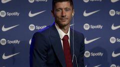 BARCELONA, SPAIN - AUGUST 05: Robert Lewandowski, Polish forward, during the his presentation like a new player at the Camp Nou stadium in Barcelona on August 05, 2022. (Photo by ADRIA PUIG/Anadolu Agency via Getty Images)