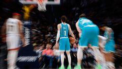 Dec 18, 2022; Denver, Colorado, USA; Charlotte Hornets guard LaMelo Ball (1) lines up for a free throw in the fourth quarter against the Denver Nuggets at Ball Arena. Mandatory Credit: Isaiah J. Downing-USA TODAY Sports