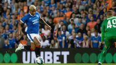 GLASGOW, SCOTLAND - AUGUST 09: Rangers' Alfredo Morelos runs through on goal during a UEFA Champions League Third Qualifying Round match between Rangers and Royale Union Saint-Gilloise at Ibrox Stadium, on August 09, 2022, in Glasgow, Scotland.   (Photo by Craig Williamson/SNS Group via Getty Images)