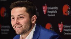 Apr 27, 2018; Berea, OH, USA; Cleveland Browns first round and overall number one pick in the NFL draft Baker Mayfield answers questions during a press conference at the Cleveland Browns training facility. Mandatory Credit: Ken Blaze-USA TODAY Sports