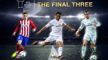 (From left to right) Antoine Griezmann, Cristiano Ronaldo and Gareth Bale are the candidates for the 2015/16 UEFA Best Player in Europe Award.