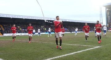 Mason Greenwood celebrates United's sixth goal against Tranmere Rovers.