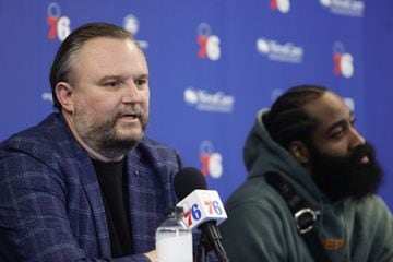 76ers President of Basketball Operations, Daryl Morey sits beside point guard James Harden during a recent press conference.