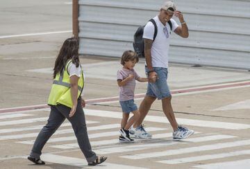 Luis Suarez arrives at Islas Malvinas international airport in Rosario.