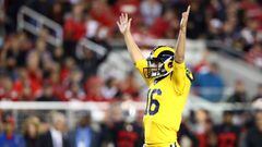 SANTA CLARA, CA - SEPTEMBER 21: Jared Goff #16 of the Los Angeles Rams celebrates after a touchdown against the San Francisco 49ers during their NFL game at Levi&#039;s Stadium on September 21, 2017 in Santa Clara, California.   Ezra Shaw/Getty Images/AFP