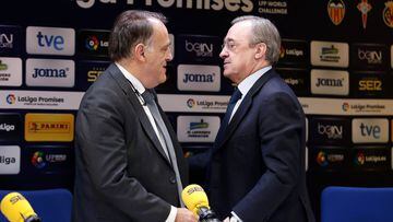 Los presidentes de LaLiga y del Real Madrid, Florentino P&eacute;rez y Javier Tebas, en una imagen de archivo.