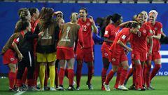 Canada&#039;s midfielder Jessie Fleming (3rdR) celebrates with teammates after scoring a goal during the France 2019 Women&#039;s World Cup Group E football match between Canada and New Zealand, on June 15, 2019, at the Alpes Stadium in Grenoble, central-