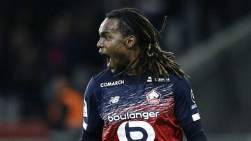 Lille&#039;s Renato Sanches reacts after scoring a penalty during the French League One soccer match between Lille and Montpellier at the Lille Metropole stadium, in Villeneuve d&#039;Ascq, northern France, Friday, Dec. 13, 2019. (AP Photo/Michel Spingler