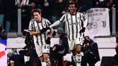 Juventus' Colombian midfielder Juan Cuadrado from Colombia celebrates with Juventus Italian midfielder Nicolo Fagioli after scoring his team's first goal   during the Italian Serie A football match between Juventus and Torino at the Juventus Stadium in Turin on February 28, 2023. (Photo by MARCO BERTORELLO / AFP)