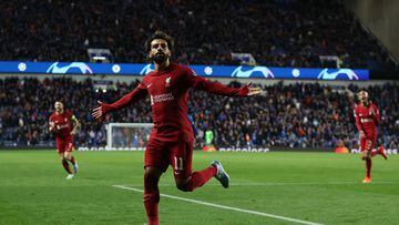 Soccer Football - Champions League - Group A - Rangers v Liverpool - Ibrox Stadium, Glasgow, Scotland, Britain - October 12, 2022  Liverpool's Mohamed Salah celebrates scoring their sixth goal Action Images via Reuters/Lee Smith