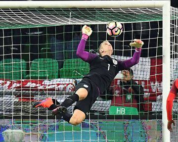 Hart makes a save during England's draw with Slovenia in Ljubljana.