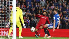 GLASGOW, SCOTLAND - OCTOBER 12: Mohamed Salah of Liverpool scores their team's fourth goal during the UEFA Champions League group A match between Rangers FC and Liverpool FC at Ibrox Stadium on October 12, 2022 in Glasgow, Scotland. (Photo by Ian MacNicol/Getty Images)