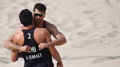 RIO DE JANEIRO, BRAZIL - AUGUST 07:  Marco Grimalt and Esteban Grimalt of Chile react during the Men&#039;s Beach Volleyball preliminary round Pool E match against Reinder Nummerdor and Christiaan Varenhorst of the Netherlands on Day 2 of the Rio 2016 Olympic Games at the Beach Volleyball Arena on August 7, 2016 in Rio de Janeiro, Brazil.  (Photo by Shaun Botterill/Getty Images)