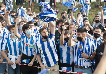 Real Sociedad fans cheer the team on their way down to Seville for the Copa del Rey final.
