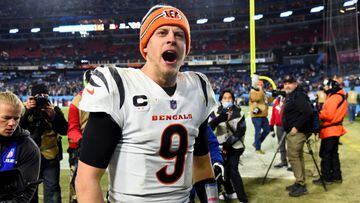 Jan 22, 2022; Nashville, Tennessee, USA; Cincinnati Bengals quarterback Joe Burrow (9) celebrates after the Bengals defeated the Tennessee Titans 19-16 in the AFC Divisional playoff football game at Nissan Stadium. Mandatory Credit: Christopher Hanewincke