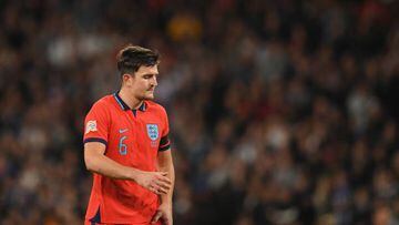 LONDON, ENGLAND - SEPTEMBER 26: Harry Maguire of England looks dejected during the UEFA Nations League League A Group 3 match between England and Germany at Wembley Stadium on September 26, 2022 in London, England. (Photo by Harriet Lander/Copa/Getty Images)