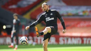 LIVERPOOL, ENGLAND - APRIL 24: Andy Carroll of Newcastle United warms up prior to the Premier League match between Liverpool and Newcastle United at Anfield on April 24, 2021 in Liverpool, England. Sporting stadiums around the UK remain under strict restr
