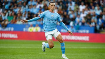 Leicester, United Kingdom - JULY 30 : Manchester City's Phil Foden during The FA Community Shield match between Manchester City against Liverpool at King Power Stadium, on 30th July , 2022 at Leicester, United Kingdom.   (Photo by Kieran Galvin/DeFodi Images via Getty Images)