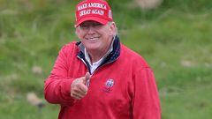 Former U.S. President and Republican presidential candidate Donald Trump gestures as he plays golf at Trump International Golf Links course, in Doonbeg, Ireland May 4, 2023. REUTERS/Damien Storan