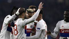 Lyon&#039;s French midfielder Nabil Fekir (L) celebrates after scoring a goal during the UEFA Europa League football match between Olympique Lyonnais (OL) and Villarreal CF (VCF) on February 15, 2018, at the Groupama Stadium in Decines-Charpieu, central-e