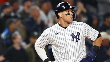 NEW YORK, NEW YORK - OCTOBER 23: Aaron Judge #99 of the New York Yankees looks on after reaching third base in the second inning against the Houston Astros in game four of the American League Championship Series at Yankee Stadium on October 23, 2022 in the Bronx borough of New York City.   Elsa/Getty Images/AFP