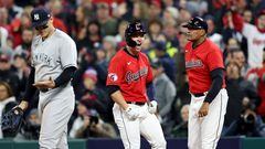 CLEVELAND, OHIO - OCTOBER 15: Will Brennan #63 of the Cleveland Guardians reacts after hitting an RBI single during the sixth inning against the New York Yankees in game three of the American League Division Series at Progressive Field on October 15, 2022 in Cleveland, Ohio.   Christian Petersen/Getty Images/AFP