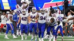Oct 1, 2017; Atlanta, GA, USA; Buffalo Bills players react after stopping the Atlanta Falcons on fourth down at the end of the fourth quarter at Mercedes-Benz Stadium. Mandatory Credit: Dale Zanine-USA TODAY Sports