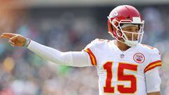 PHILADELPHIA, PENNSYLVANIA - OCTOBER 03: Patrick Mahomes #15 of the Kansas City Chiefs reacts after throwing for a touchdown during the first quarter against the Philadelphia Eagles at Lincoln Financial Field on October 03, 2021 in Philadelphia, Pennsylva