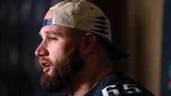 PHOENIX, ARIZONA - FEBRUARY 08: Lane Johnson #65 of the Philadelphia Eagles speaks to the media during the Philadelphia Eagles media availability prior to Super Bowl LVII on February 08, 2023 in Phoenix, Arizona.   Rob Carr/Getty Images/AFP (Photo by Rob Carr / GETTY IMAGES NORTH AMERICA / Getty Images via AFP)