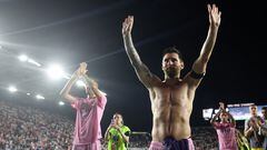 Aug 2, 2023; Fort Lauderdale, FL, USA; Inter Miami CF forward Lionel Messi (10) and midfielder Sergio Busquets (5) acknowledge the fans after the match against Orlando City SC at DRV PNK Stadium. Mandatory Credit: Nathan Ray Seebeck-USA TODAY Sports