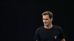 LONDON, ENGLAND - SEPTEMBER 21: Roger Federer of Team Europe looks on during a practice session ahead of the Laver Cup at The O2 Arena on September 21, 2022 in London, England. (Photo by Cameron Smith/Getty Images for Laver Cup)