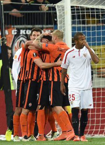 Shakhtar's players celebrate after scoring during the UEFA European League, semi-final first leg football match between Sevilla FC and Shakhtar Donetsk at Arena Lviv Stadium in Lviv on April 28, 2016.
