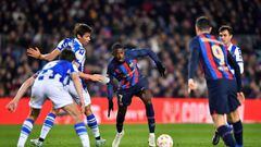 Barcelona's French forward Ousmane Dembele (C) controls the ball during the Copa del Rey (King's Cup), quarter final football match between FC Barcelona and Real Sociedad, at the Camp Nou stadium in Barcelona on January 25, 2023. (Photo by Pau BARRENA / AFP) (Photo by PAU BARRENA/AFP via Getty Images)