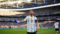 LONDON, ENGLAND - JUNE 01: Lionel Messi of Argentina looks on prior to the 2022 Finalissima match between Italy and Argentina at Wembley Stadium on June 01, 2022 in London, England. (Photo by Michael Regan - UEFA/UEFA via Getty Images)