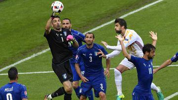 Italy's goalkeeper Gianluigi Buffon (2nd L) punches the ball beside Italy's defender Giorgio Chiellini (4th L) and Spain's defender Gerard Pique