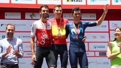 Rodríguez, nuevo campeón de España en ruta, en el podio de Mallorca junto a Herrada y Aranburu.