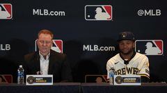 Milwaukee Brewers general manager Matt Arnold and player Jackson Chourio answer questions during a press conference during the MLB 2023 Winter Meetings.