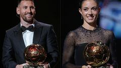 TOPSHOT - (COMBO) This combination of pictures created on October 30, 2023 shows Inter Miami CF's Argentine forward Lionel Messi (L) holding his 8th Ballon d'Or award and FC Barcelona's Spanish midfielder Aitana Bonmati (R) holding her Woman Ballon d'Or award during the 2023 Ballon d'Or France Football award ceremony at the Theatre du Chatelet in Paris on October 30, 2023. (Photo by FRANCK FIFE / AFP)