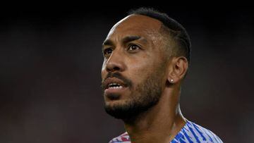 BARCELONA, SPAIN - AUGUST 24: Barcelona's French forward Pierre-Emerick Aubameyang looks on during the friendly charity match between FC Barcelona vs Manchester City at the Spotify Camp Nou stadium on August 24, 2022 in Barcelona. (Photo by Adria Puig/Anadolu Agency via Getty Images)
