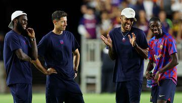 FORT LAUDERDALE, FLORIDA - JULY 19: (L-R) Franck Kessie, Robert Lewandowski, Pierre-Emerick Aubameyang and Ousmane Dembele of FC Barcelona react after a preseason friendly against Inter Miami CF at DRV PNK Stadium on July 19, 2022 in Fort Lauderdale, Florida. FC Barcelona won 6-0.   Michael Reaves/Getty Images/AFP
== FOR NEWSPAPERS, INTERNET, TELCOS & TELEVISION USE ONLY ==