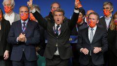 Spanish lawyer Joan Laporta (C) celebrates his victory at the auditorium of the Camp Nou complex after winning the election for the FC Barcelona presidency on March 7, 2021 in Barcelona. - Joan Laporta, 58, returned as Barcelona president today after winn
